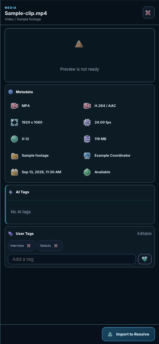 Media details with unavailable preview, separate AI Tags and editable User Tags