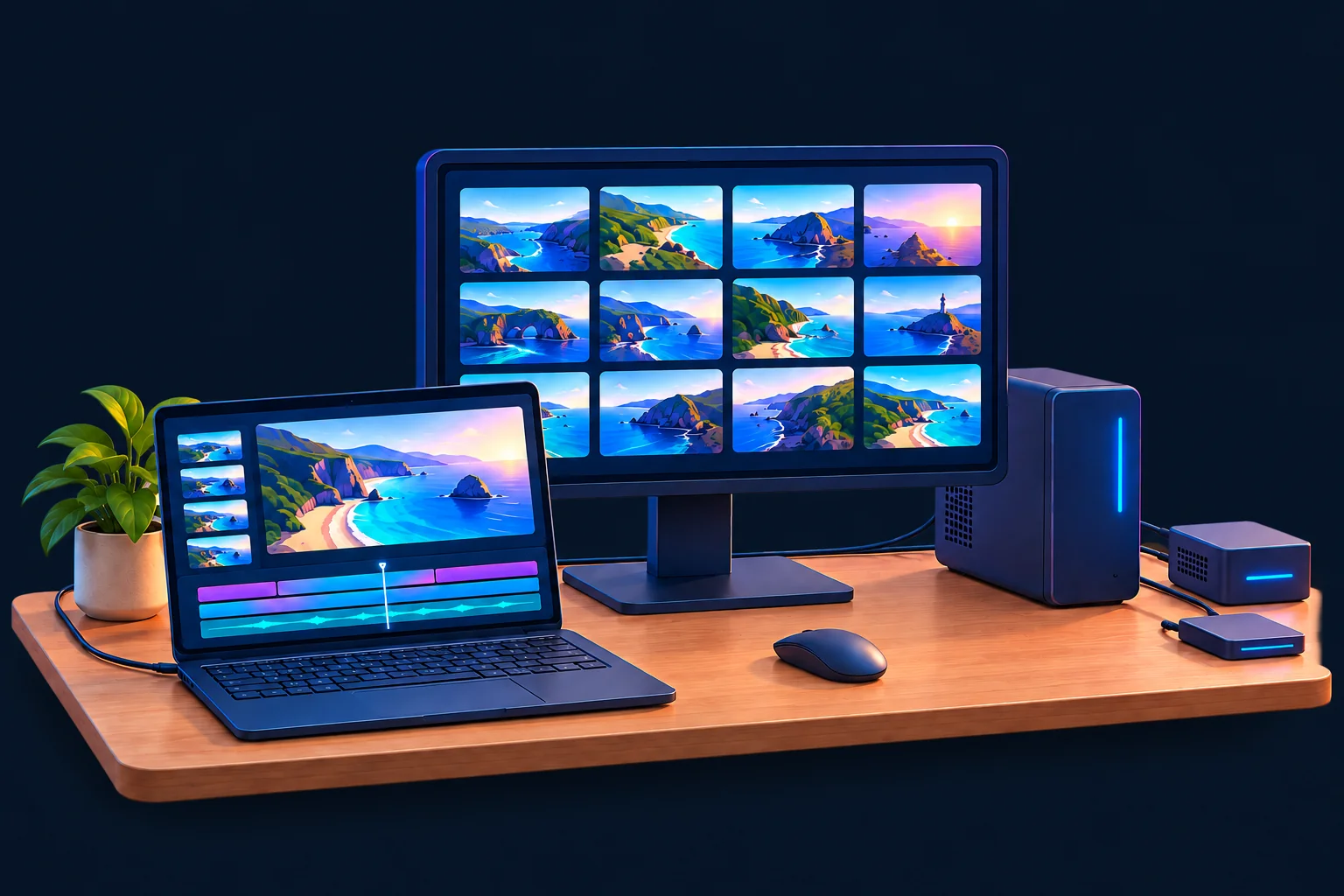 An editing laptop connects to the desktop library, with an optional Worker and attached drive on the right.