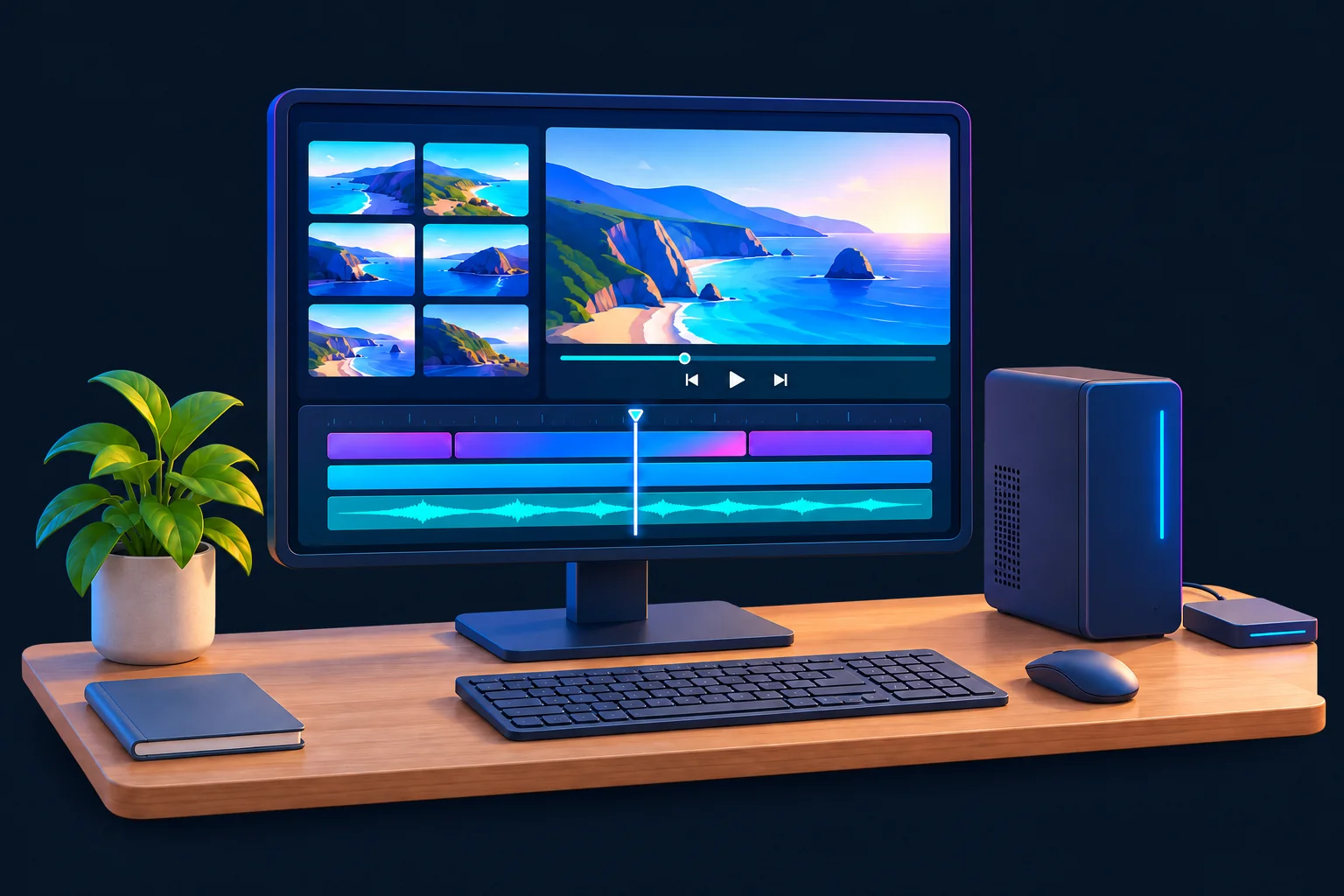One desktop workstation with a media library and editing timeline on the same screen.