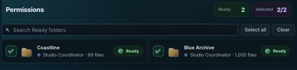 Folder permissions with Coastline and Blue Archive selected for an Editor.