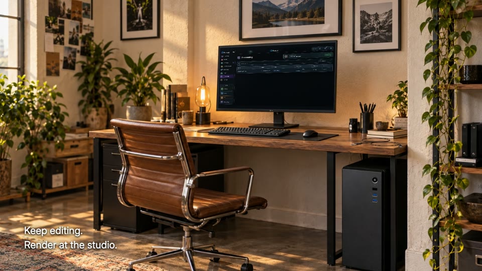 A separate studio computer handles rendering.
